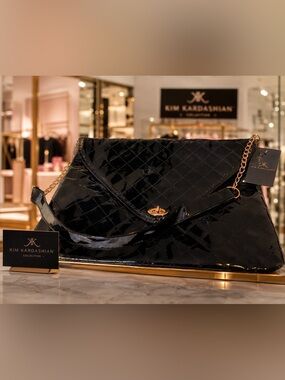 Kim Kardashian | Quilted Patent Envelope Clutch in Black with Gold Hardware